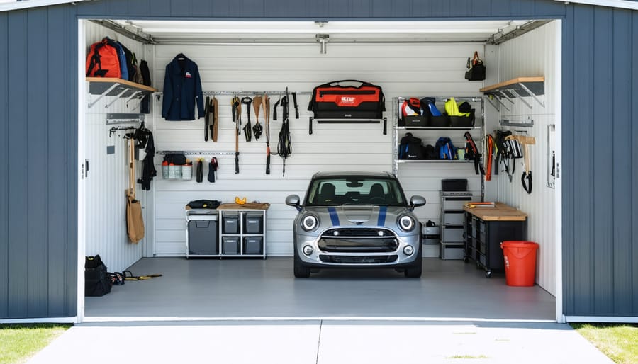 Well-organized shed interior with pegboard walls, shelving, and lawn equipment storage
