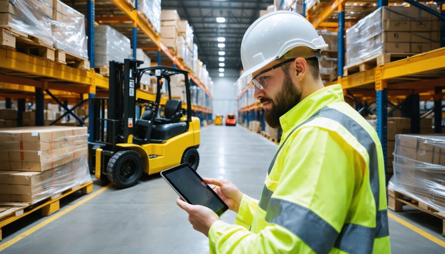 Warehouse safety manager in a high-visibility vest and hard hat inspecting pallet racking with a tablet; softly blurred background shows stacked pallets, a parked forklift, yellow guardrails, clear aisle markings, and a wall-mounted fire extinguisher.