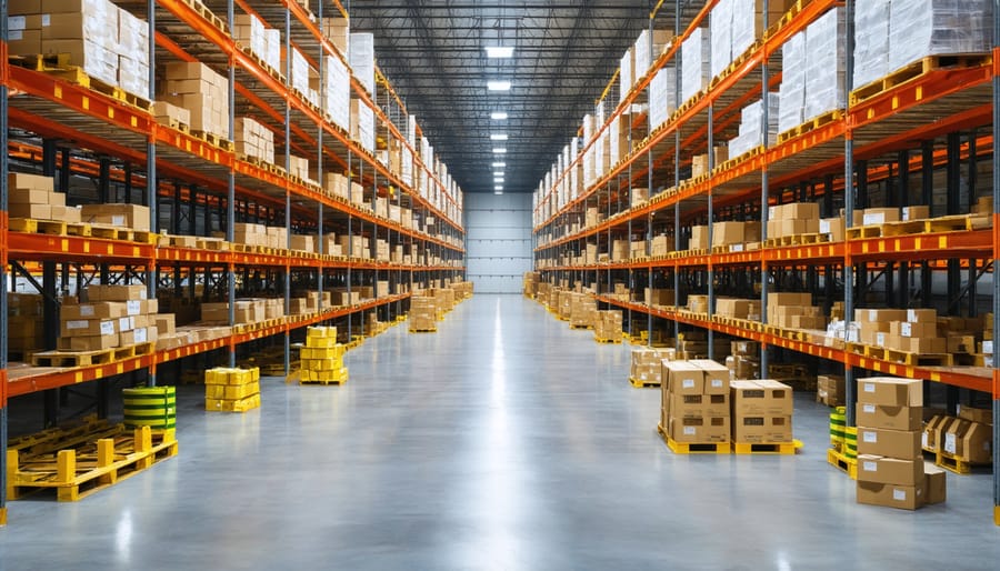Modern warehouse interior with organized pallet racking, forklifts, and workers in safety gear