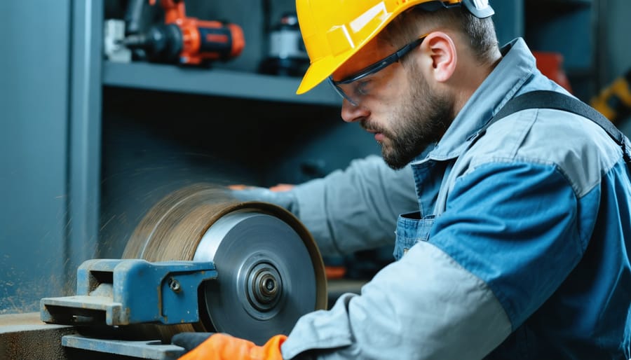 Safety manager wearing hard hat, safety glasses, and high-visibility vest inspecting the wheel guard and tool rest of a bench grinder in a well-lit, organized workshop, with power tools and workbenches blurred in the background