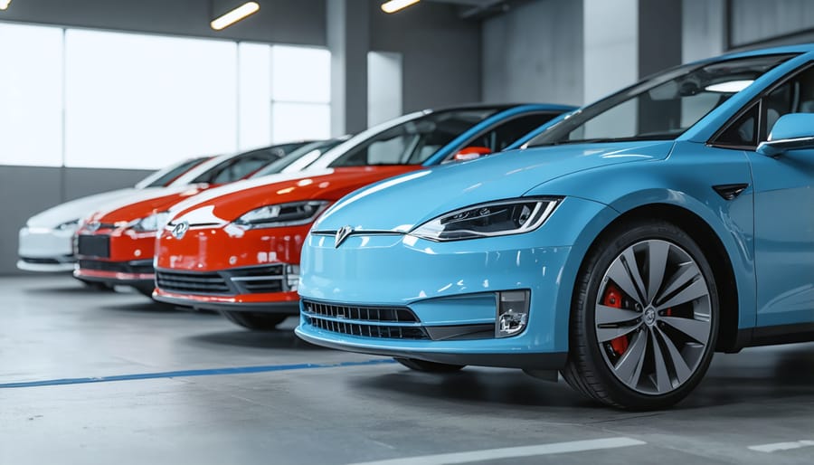 Person using smartphone app to book peer-to-peer car rental with vehicle in background