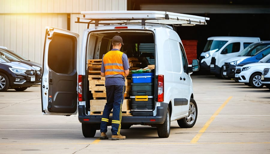 Tradesperson loading tool cases and bundled lumber into a white cargo van at golden hour in an industrial park, with warehouse bays and parked cars softly blurred in the background.