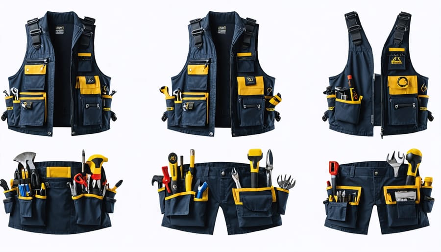 Close-up of mechanic wearing tactical utility vest with tools organized in multiple pockets