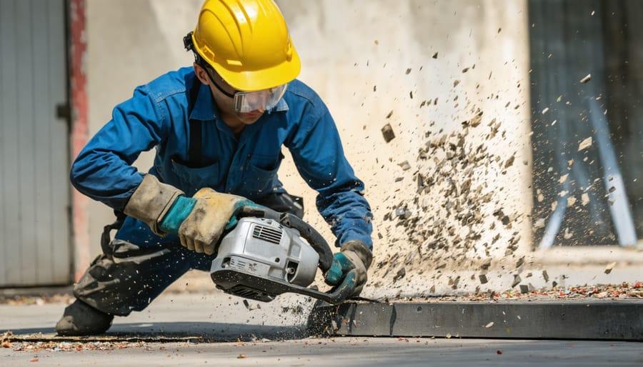 Circular saw cutting wood with visible flying debris and sawdust