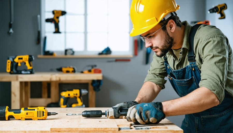 Homeowner using rented professional tile saw for DIY flooring project