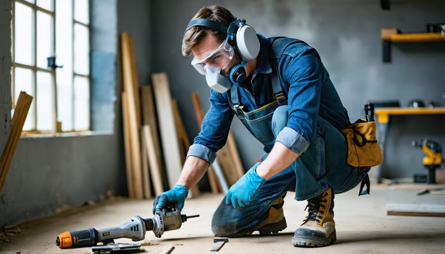 Worker in a workshop adjusting safety glasses while wearing earmuffs, a half-face respirator, gloves, and steel-toe boots, with a blurred background of a circular saw, angle grinder, demolition hammer, and pneumatic nailer.