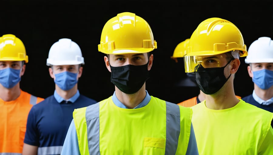 Worker adjusting safety glasses and respirator mask before beginning work