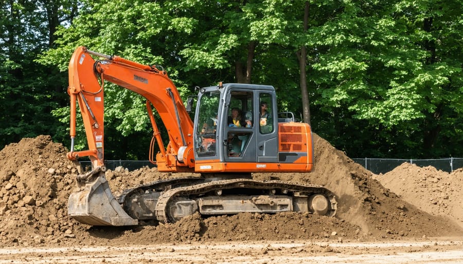 Construction worker using precision excavator near protected mature tree with safety fencing