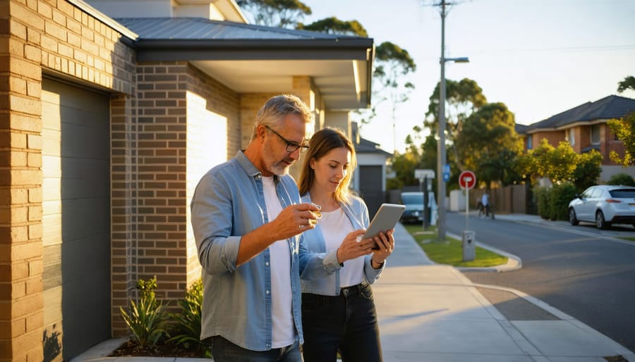 Two property investors with a tablet assess a contemporary Australian suburban home at golden hour, with a softly blurred bus stop, cyclists, and distant construction cranes in the background.