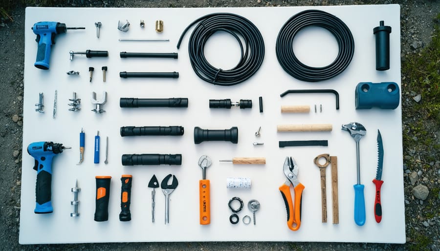 PVC pipes, fittings, measuring tape and cutting tools organized on workbench