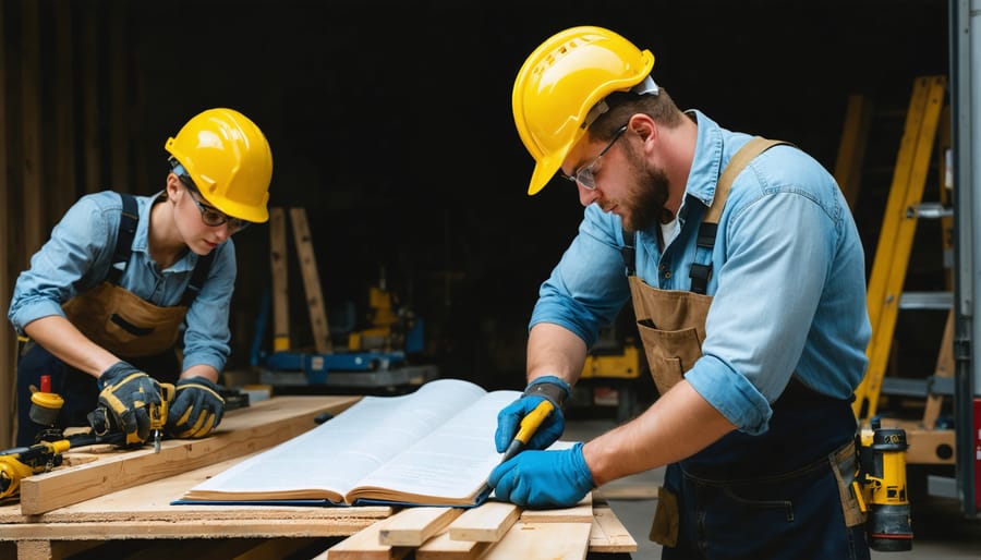 Craftsman studying technical blueprint with measuring tools in workshop