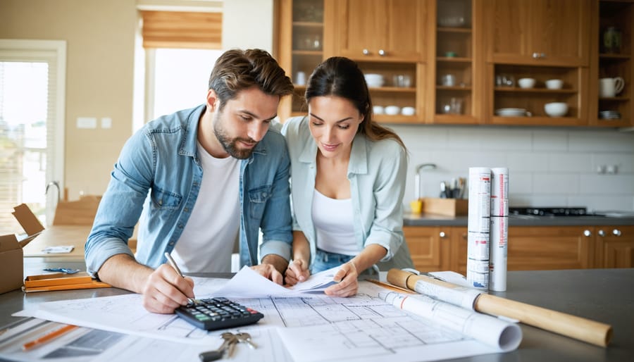 Couple reviewing refinance documents with a calculator, keys, paint swatches, and rolled plans on a kitchen island, with a contractor installing cabinets in the softly blurred background of a mid-renovation kitchen.
