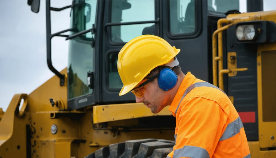 Construction worker in full safety gear operating skid steer loader at job site