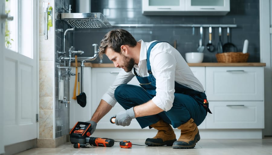 Maintenance technician kneels under a modern kitchen sink in a rental home, checking pipes with a flashlight as a tenant observes in the background; open toolbox on the floor and soft natural light in a tidy interior.