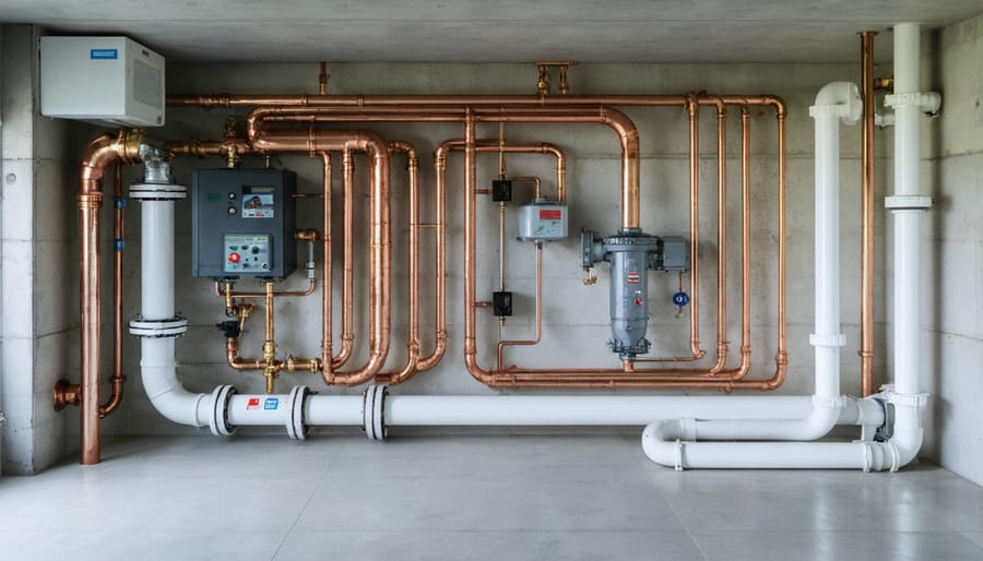 Overhead view of residential copper and PVC plumbing pipes running through floor joists