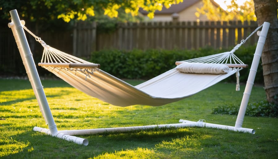 White PVC hammock stand with cross-bracing and a hung hammock on a level lawn at golden hour, with unbranded PVC cutter and primer on the ground, suburban backyard and fence softly blurred.