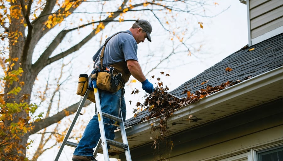 Roofing technician on a ladder cleaning leaves from a residential gutter and inspecting asphalt shingles and flashing at golden hour, with a suburban home facade softly blurred in the background