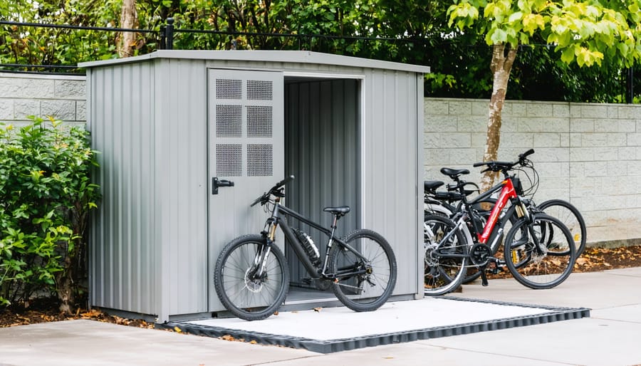 Compact metal bike shed with ventilation grilles on a level paved pad with drainage channel, door ajar showing a standard bike and an e-bike locked with D-locks to a ground anchor, in a tidy backyard.