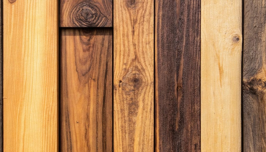 Comparison of pressure-treated lumber and cedar wood boards showing texture and color