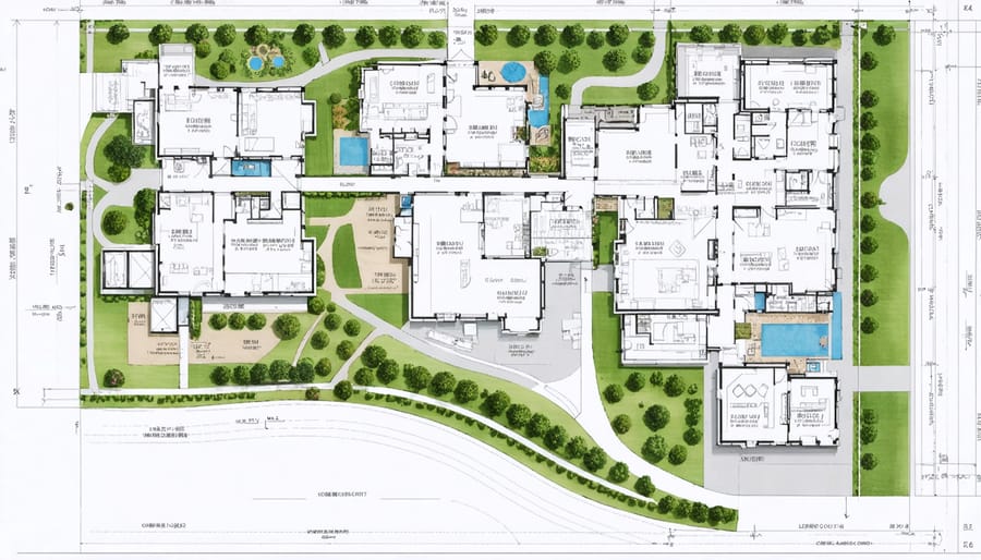Architectural site plan blueprint on desk with construction tools and hard hat