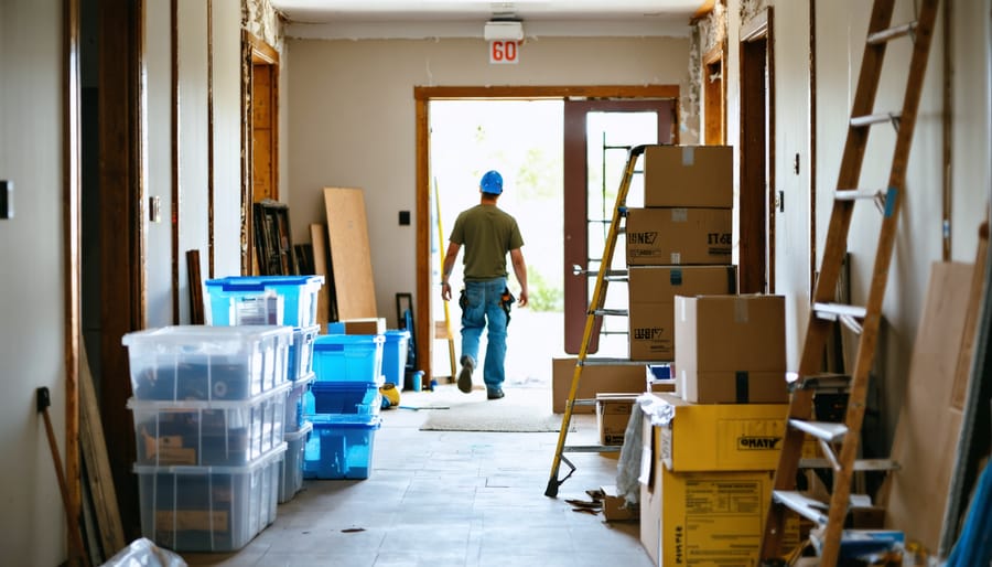 Contractor stepping through a cluttered home renovation hallway with scattered tools and overflowing boxes beside neatly stacked clear storage bins; exposed studs, ladder, and tarp-covered furniture in background.