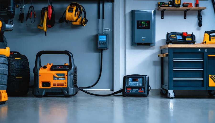 Smart meter and sub-board powering a home workshop compressor and battery chargers at dusk in a Canberra suburban garage, with cool blue evening light and warm interior glow.