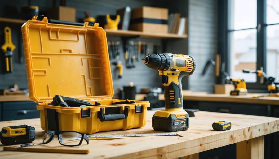 Open toolbox with cordless drill, safety glasses, and tape measure on a wooden workbench in a bright workshop; blurred in the background, a doorway reveals shelves of old books in a study, suggesting contrast between practical tools and academic subjects.