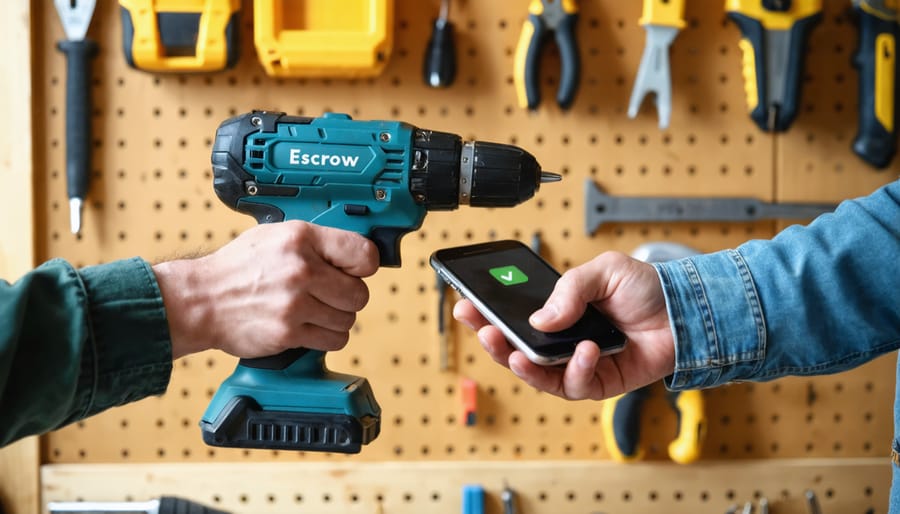 Two people at eye level exchanging a power drill case in a workshop while one holds a smartphone with a green check icon; background tools and shelves softly blurred, natural side lighting.