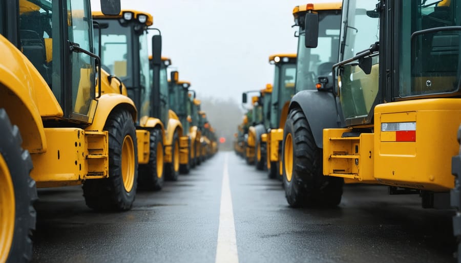 Construction equipment and tools organized in professional rental yard