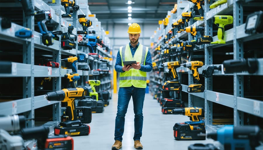 Operations manager with a tablet examines rows of cordless power tools charging on racks in a well-lit tool hire warehouse, with an electric van and recycling bins softly blurred in the background.