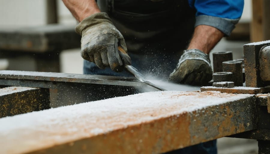Tradesperson performing maintenance on power tool at workbench