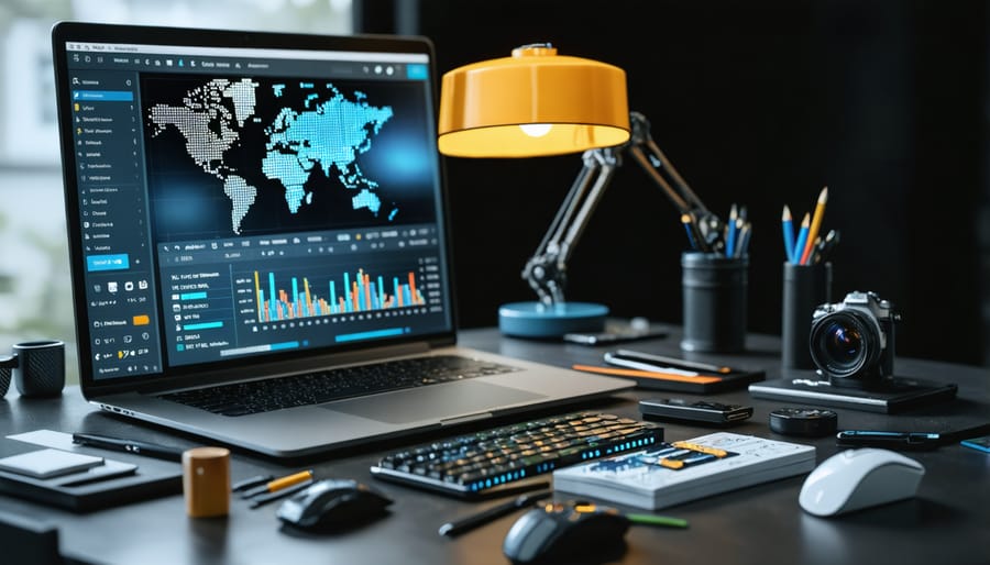 Tool rental business owner standing in workshop with rental equipment