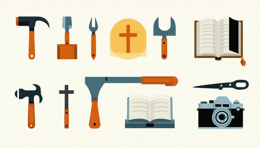 Toolbox and construction tools placed beside an open Bible on a workshop bench