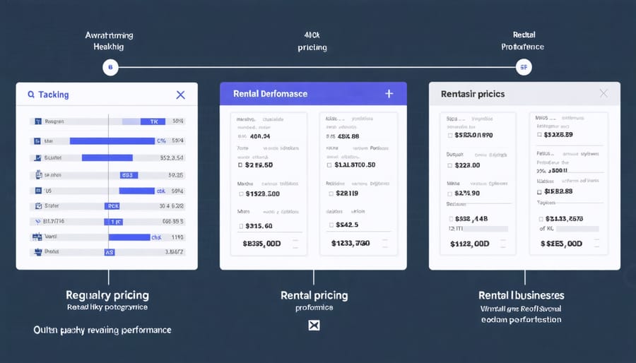 Business owner calculating rental rates and reviewing financial performance on desk