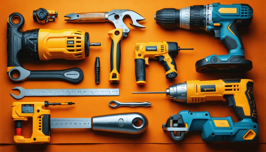 Tradesperson holding various power tools in a professional workshop setting