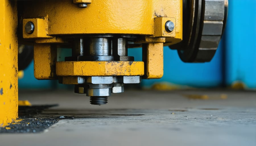 Hydraulic transmission jack and specialized automotive tools in professional garage workshop