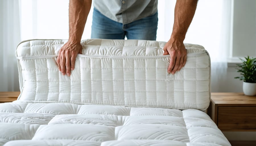 Two adults rotate a queen-size double-sided mattress with identical quilting on both sides, holding the edges and handles in a bright modern bedroom; background shows blurred bed frame, nightstands, window, and a potted plant.
