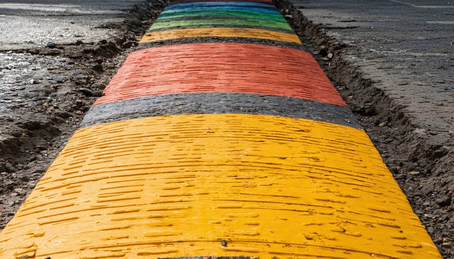 Color-coded utility marking flags and spray paint lines on grass showing locations of underground utilities