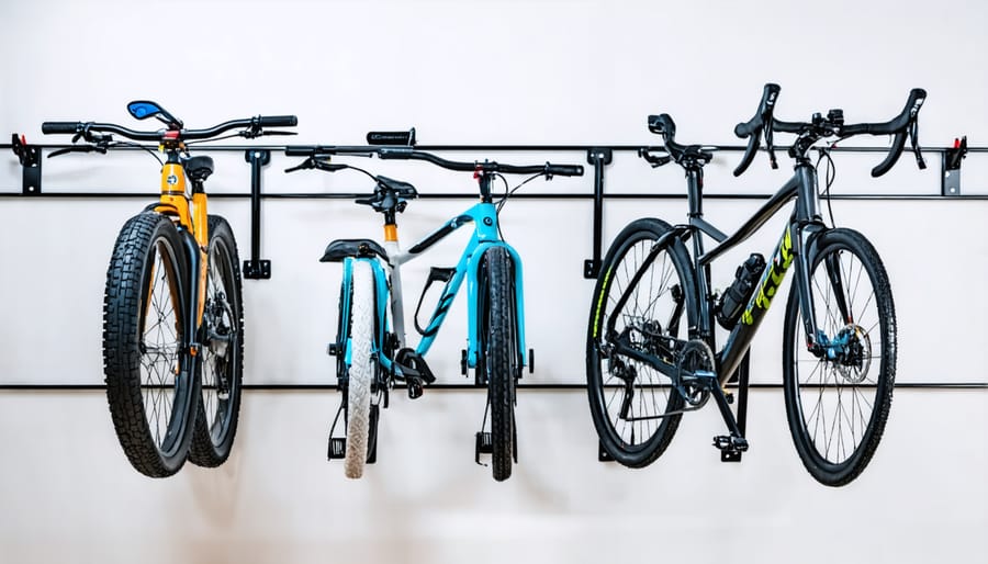 Three bicycles mounted vertically on wall-mounted rack system