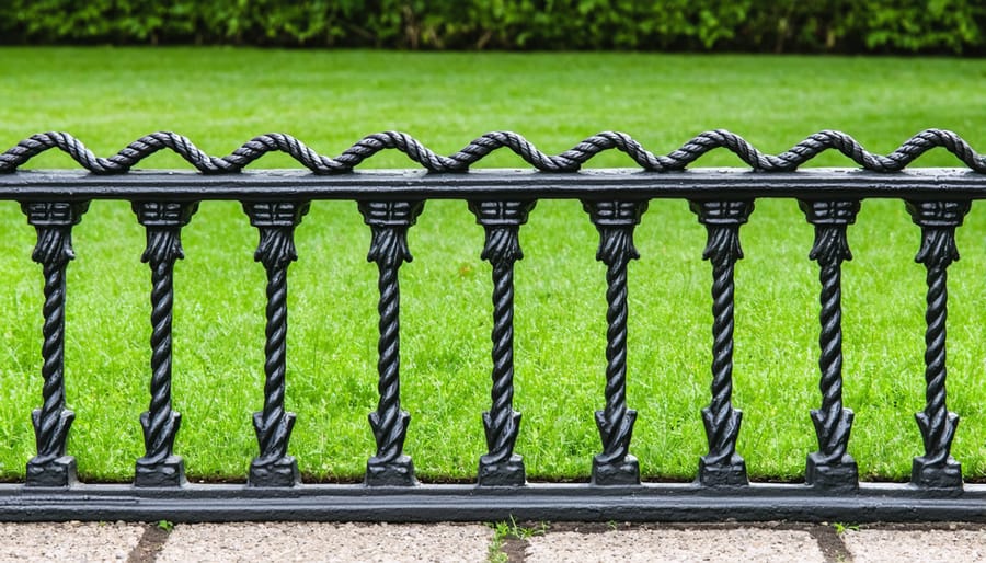 Close-up of ornate Victorian cast iron rope-top garden edging installed along flower bed