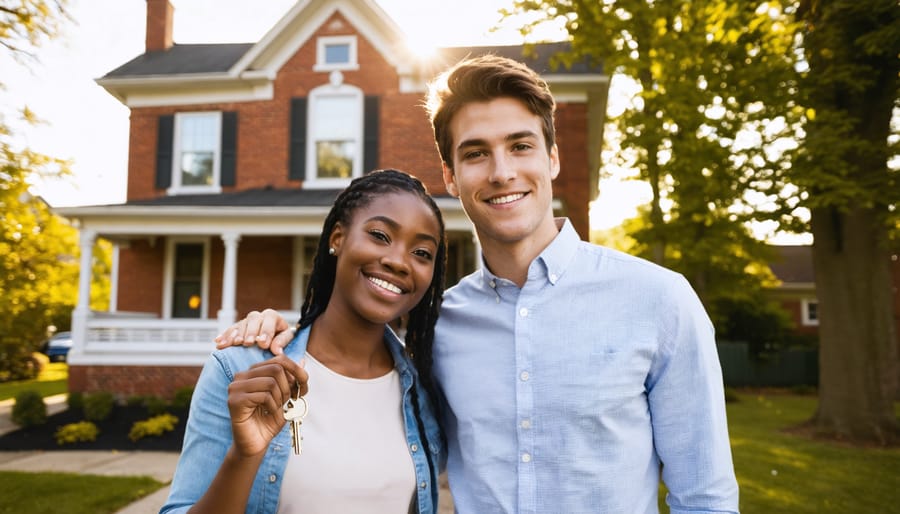 Diverse young couple smiling and holding a house key in front of a brick colonial home with white trim, dogwood tree and tree-lined street softly blurred in the background at golden hour.