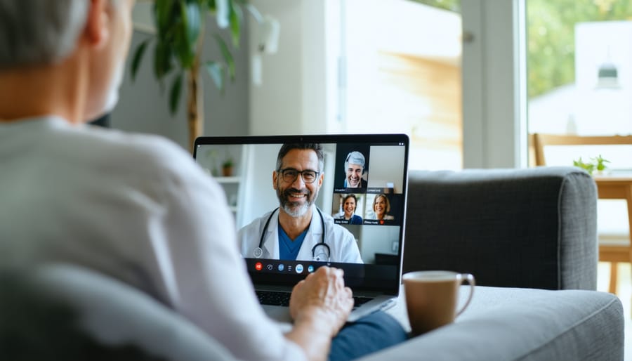 Adult patient on a sofa using a laptop for a video call with a doctor in a softly lit living room, with the background gently blurred.