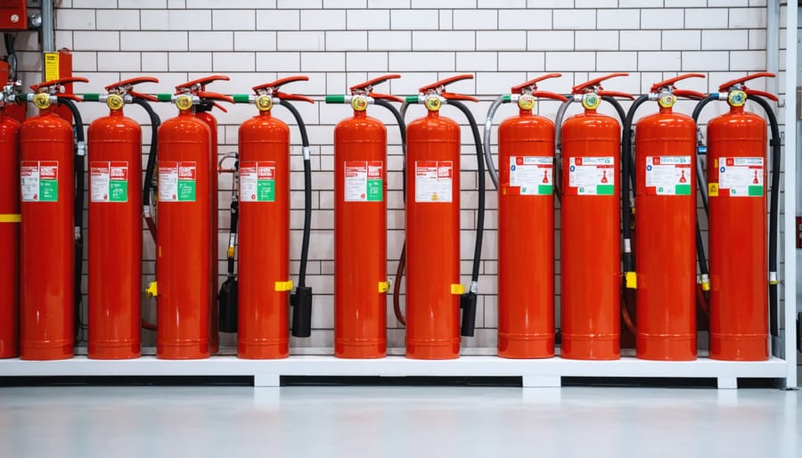 Fire extinguisher and emergency exit sign properly mounted in warehouse setting