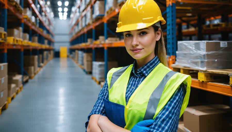 Warehouse worker wearing required personal protective equipment including hard hat and safety vest