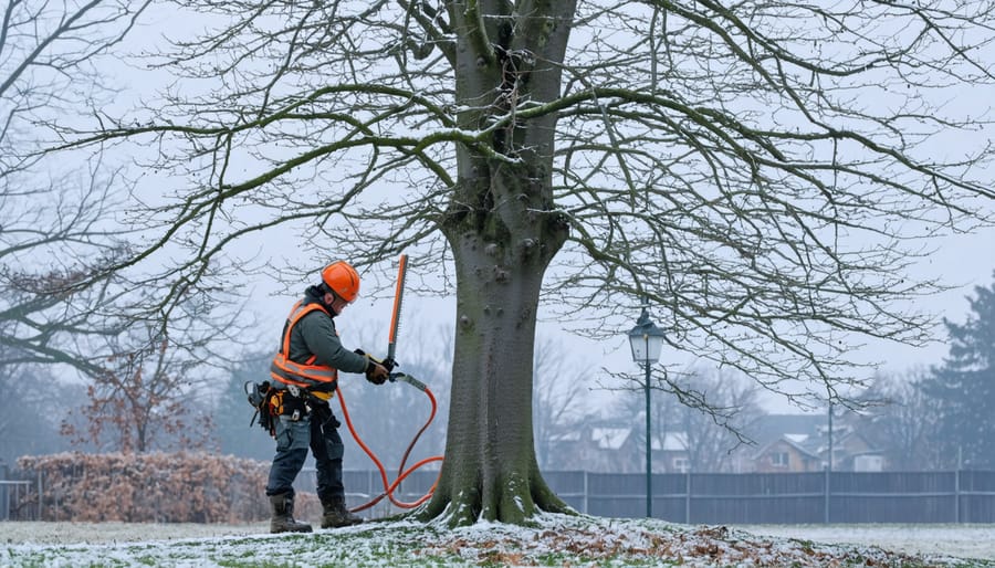 Helmeted arborist in safety gear inspecting the bare limbs of a large deciduous tree on a snow-dusted lawn under soft overcast winter light.