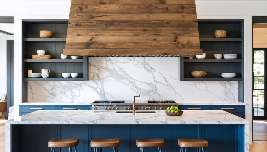 Custom wooden range hood with decorative corbels installed above stove in farmhouse kitchen