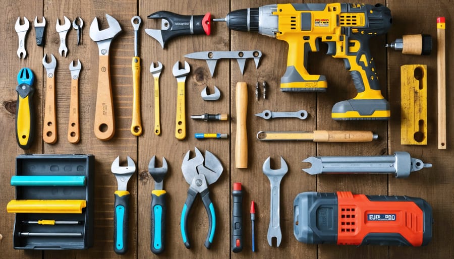 Collection of essential woodworking tools and safety equipment laid out on workbench