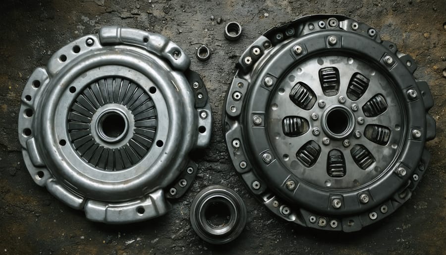 Mechanic holding worn transmission clutch pack showing heat damage and friction wear