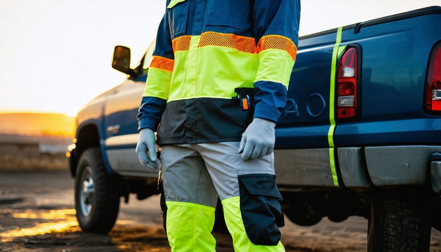 Tradesperson in Y2K-inspired high-visibility workwear with reflective piping, racing-style stripes, cargo pockets, and reinforced knee panels standing beside a retro-styled pickup and tool chest in a warmly lit workshop, with background tools softly blurred.