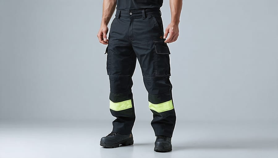 Cargo work pants with reflective racing stripes and multiple pockets displayed with workshop tools